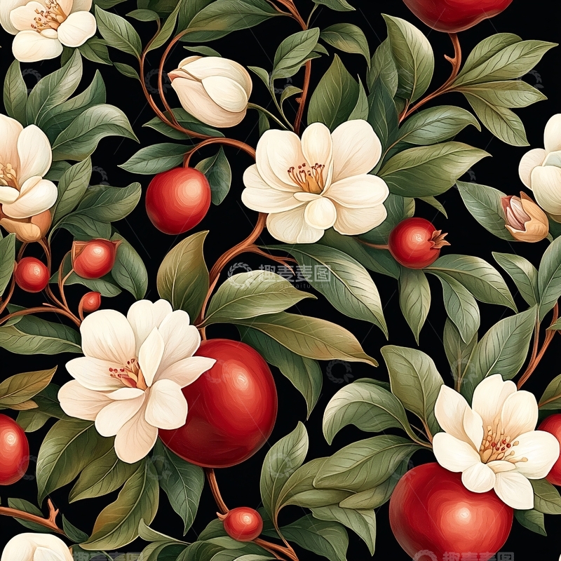 高清大图下载【趣麦麦图】红色果实与白色花朵的自然图案