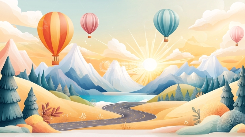 高清大图下载【趣麦麦图】热气球飞跃山川的唯美画作