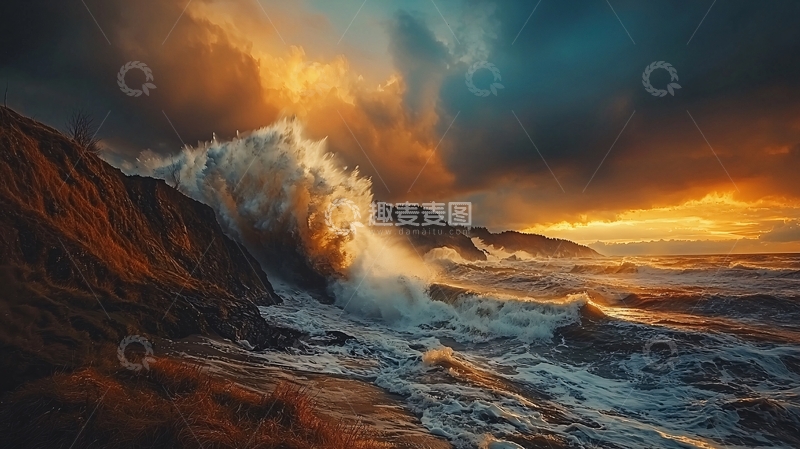 高清大图下载【趣麦麦图】海浪拍打岩石的日落美景