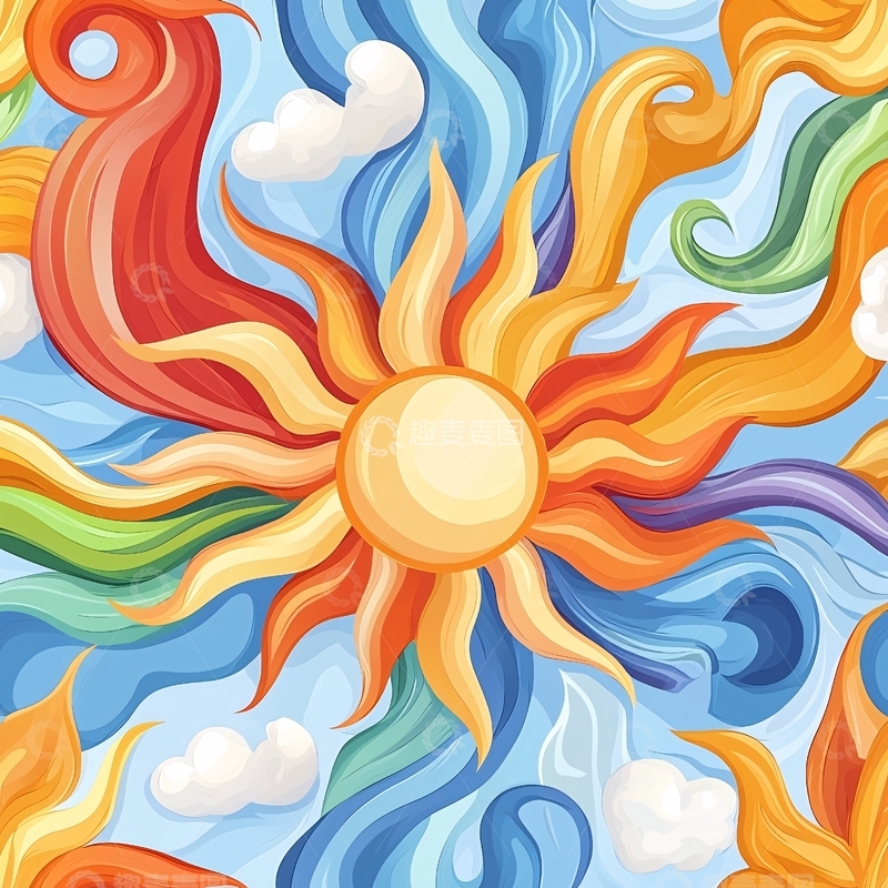 高清大图下载【趣麦麦图】彩虹色太阳与云朵背景