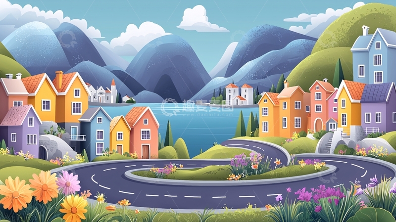高清大图下载【趣麦麦图】卡通彩色小镇风景插画