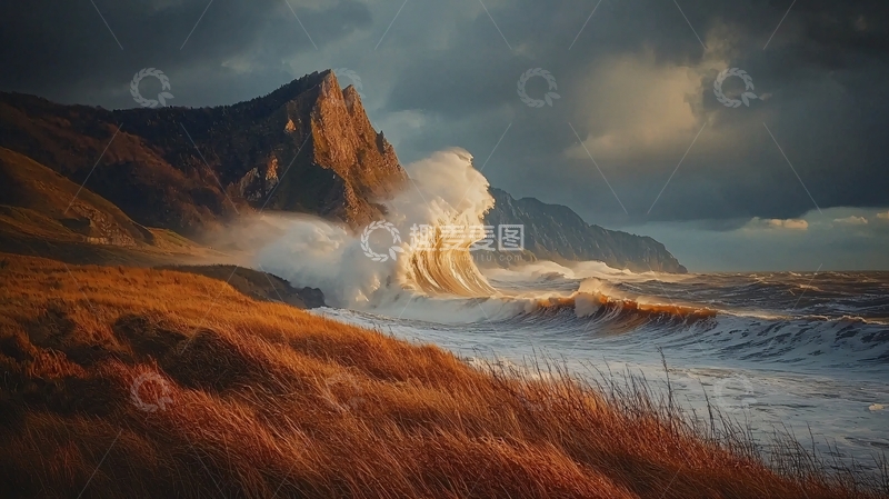 高清大图下载【趣麦麦图】海浪冲击悬崖下的草地