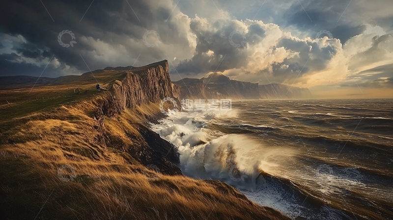 高清大图下载【趣麦麦图】海浪拍打悬崖边的壮丽景色