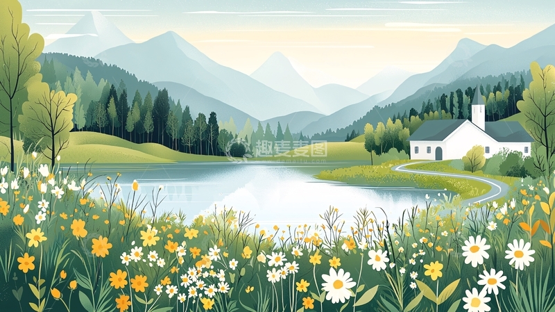 高清大图下载【趣麦麦图】宁静乡村湖边风景画