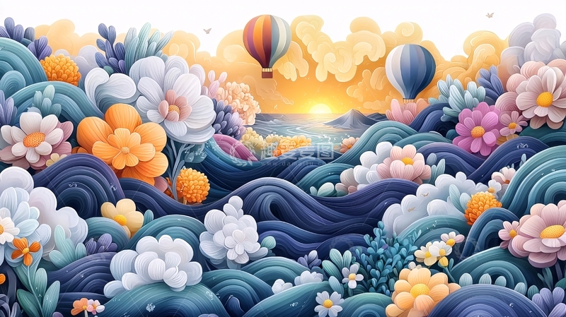 高清大图下载【趣麦麦图】梦幻花海热气球