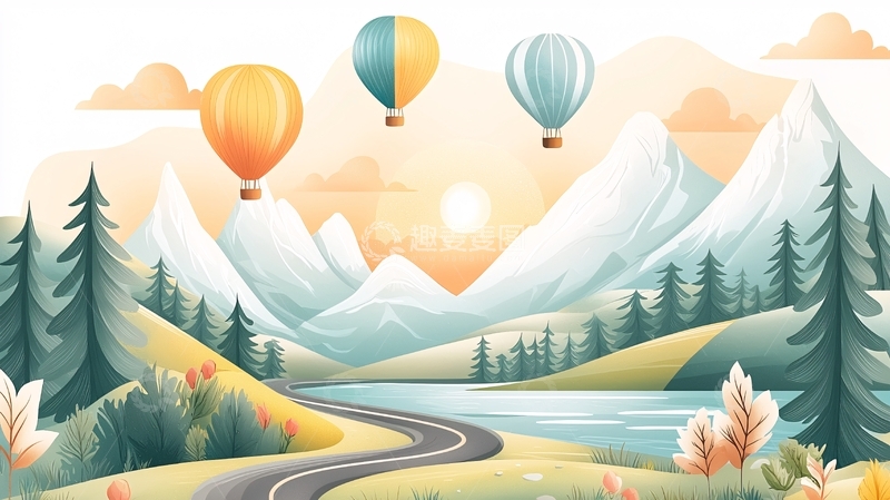 高清大图下载【趣麦麦图】水彩风景热气球