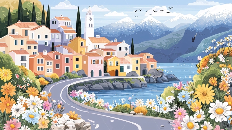 高清大图下载【趣麦麦图】沿海小镇鲜花盛开的绘画