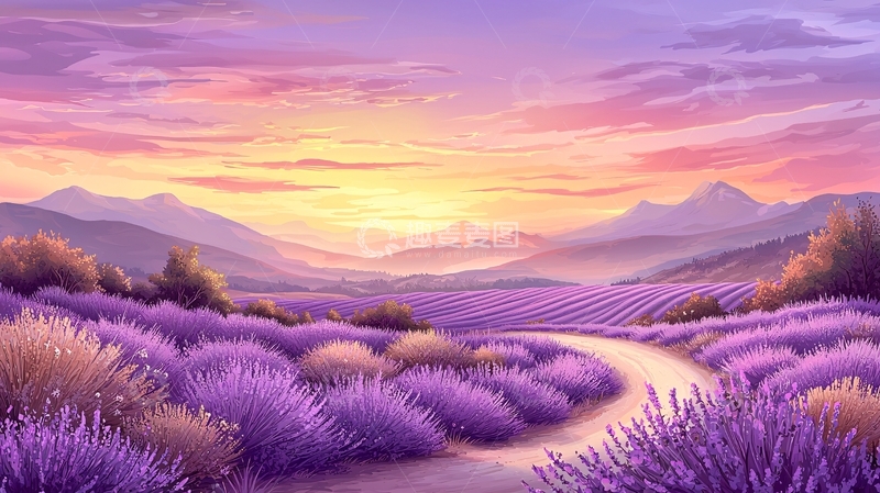 高清大图下载【趣麦麦图】紫色薰衣草田的日落