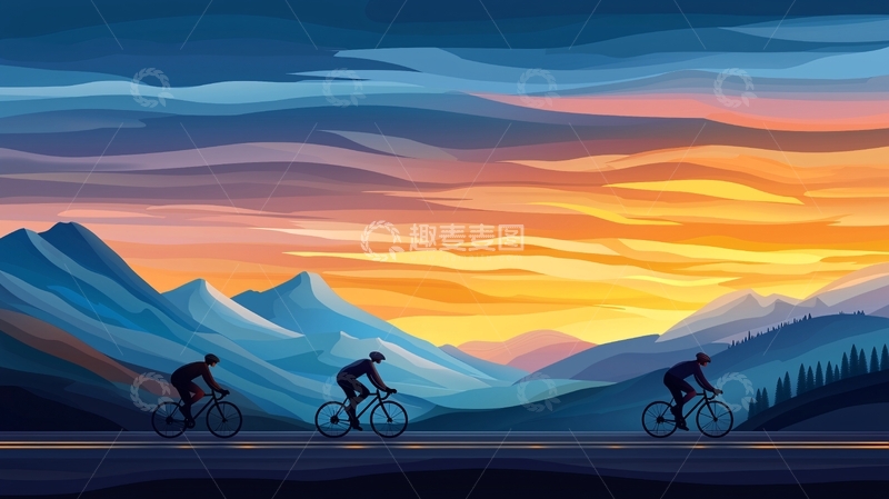 高清大图下载【趣麦麦图】骑行剪影在壮丽日落山景中
