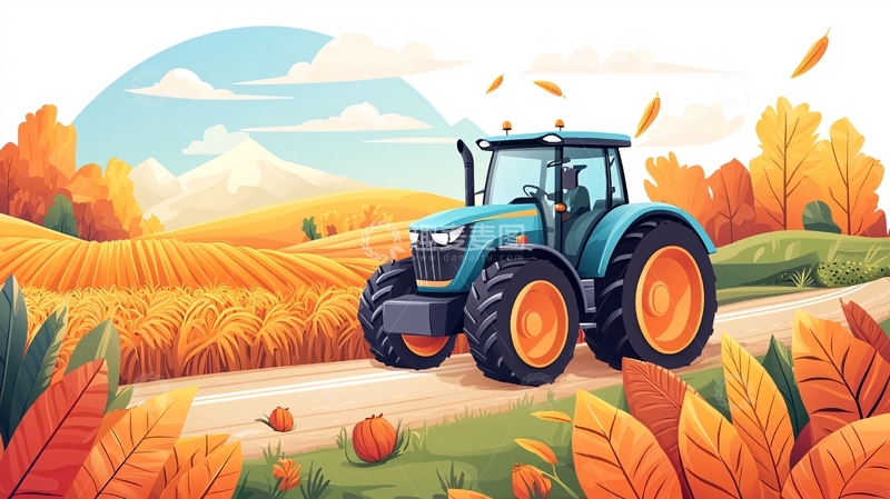高清大图下载【趣麦麦图】秋收时节的田野拖拉机