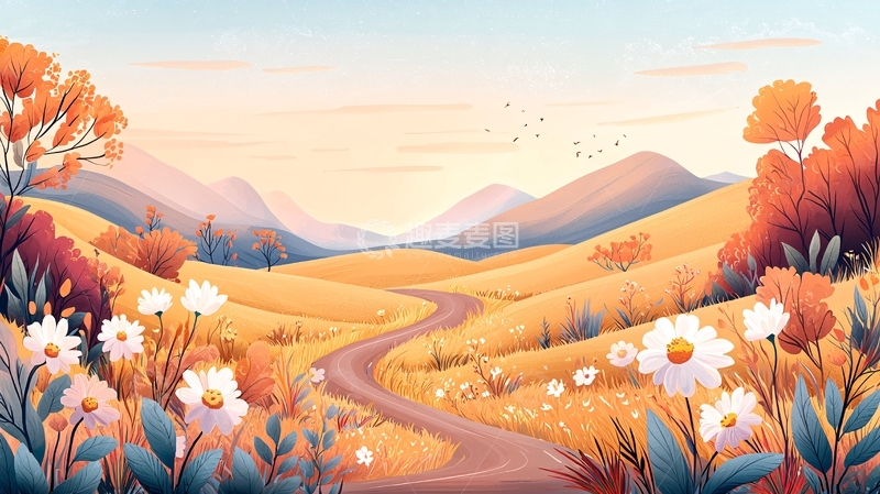 高清大图下载【趣麦麦图】秋日田野风光插画