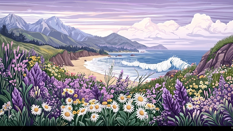 高清大图下载【趣麦麦图】紫色花海海岸山景油画