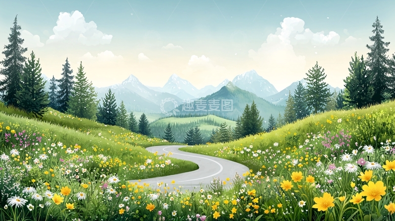 高清大图下载【趣麦麦图】绿色山坡小路鲜花盛开