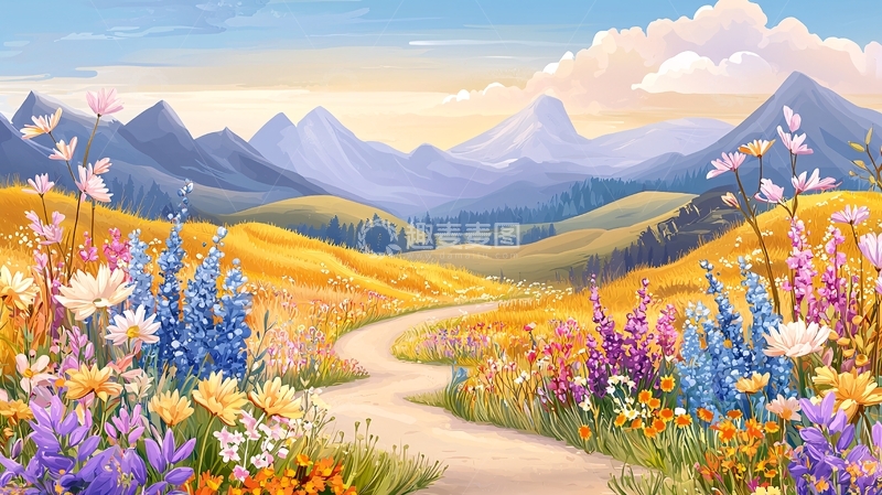 高清大图下载【趣麦麦图】鲜花盛开的山间小路