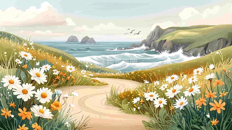 高清大图下载【趣麦麦图】海岸边的雏菊花田小路