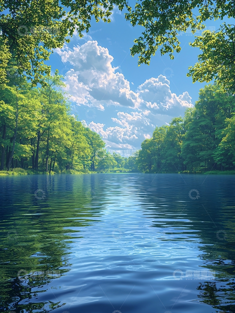 高清大图下载【趣麦麦图】静谧的湖面映衬着蓝天白云