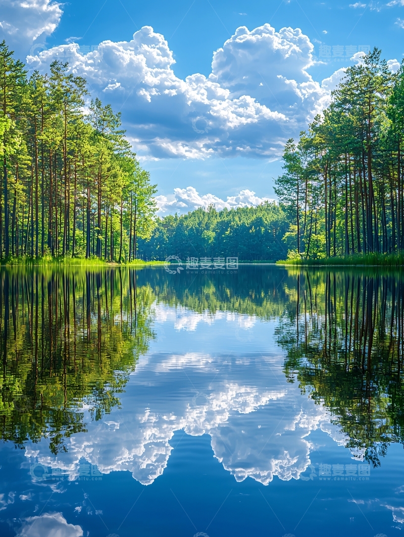 高清大图下载【趣麦麦图】湖面平静倒影蓝天白云
