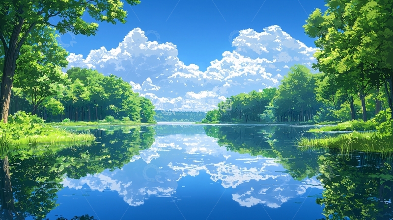 高清大图下载【趣麦麦图】宁静湖面与葱郁森林
