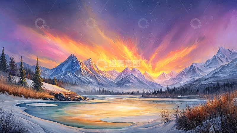 高清大图下载【趣麦麦图】冰雪覆盖的山脉湖泊