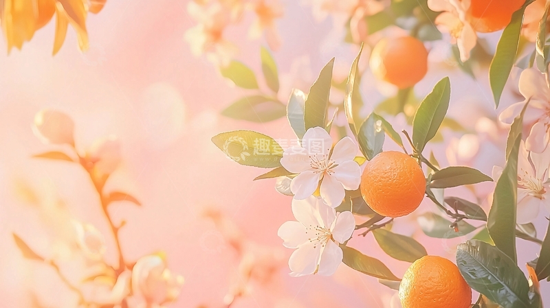 高清大图下载【趣麦麦图】橙子树上的白色花朵和橙子