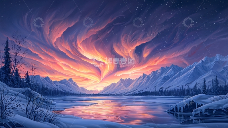 高清大图下载【趣麦麦图】绚丽极光照耀下的雪山湖泊