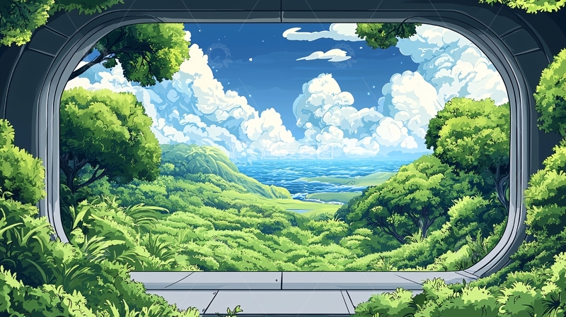 高清大图下载【趣麦麦图】透过窗户看出去的绿色山景