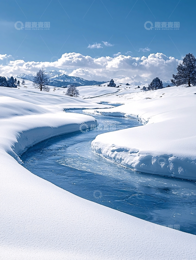 高清大图下载【趣麦麦图】雪地河流风景图
