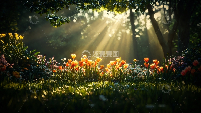 高清大图下载【趣麦麦图】阳光穿过树林的花园