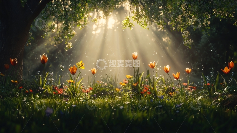高清大图下载【趣麦麦图】阳光穿过树林的花丛