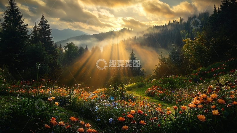 高清大图下载【趣麦麦图】阳光穿透森林的田园风光