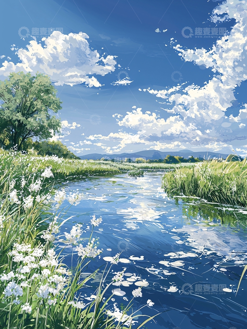 高清大图下载【趣麦麦图】宁静的河流与蓝天白云
