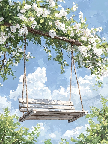 白色花朵下的木质秋千