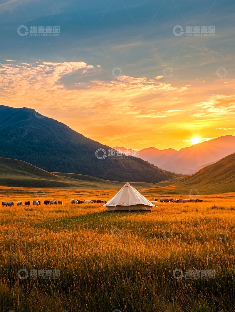 高清大图下载【趣麦麦图】草原上的帐篷与日落