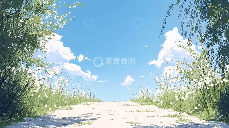 高清大图下载【趣麦麦图】蓝天白云下的绿荫小路