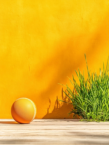 黄色背景上的小草与球