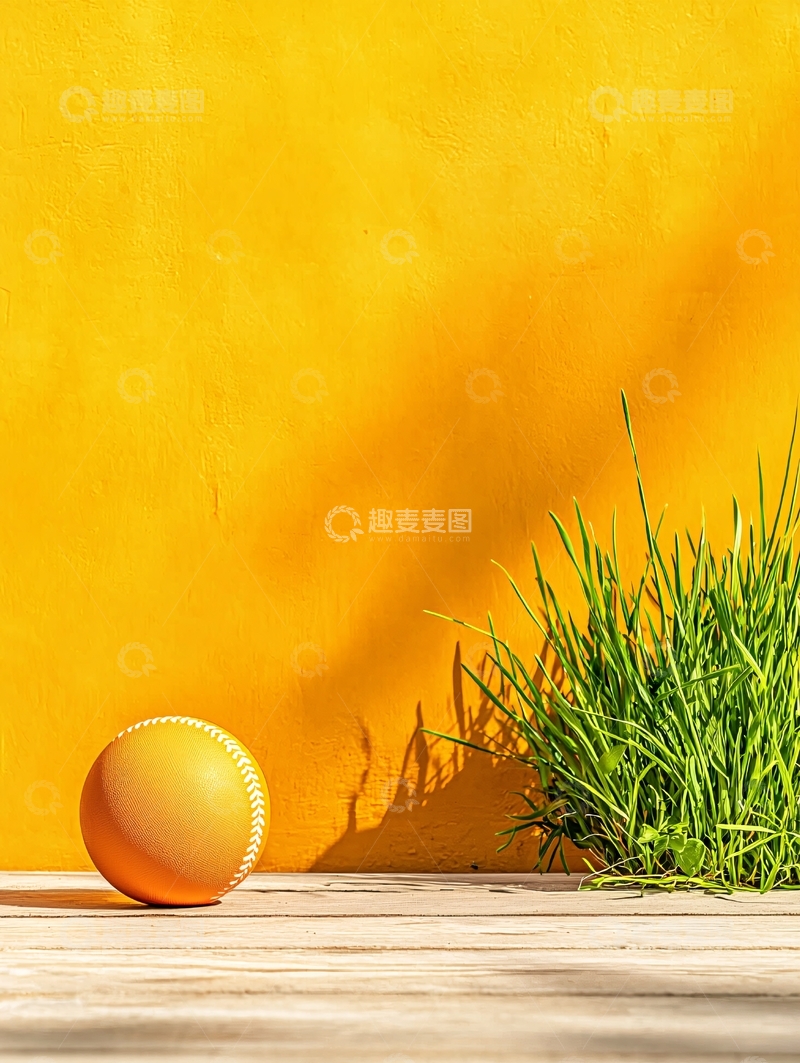 高清大图下载【趣麦麦图】黄色背景上的小草与球