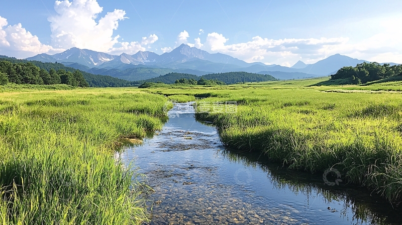 高清大图下载【趣麦麦图】清澈溪流和远处雪山