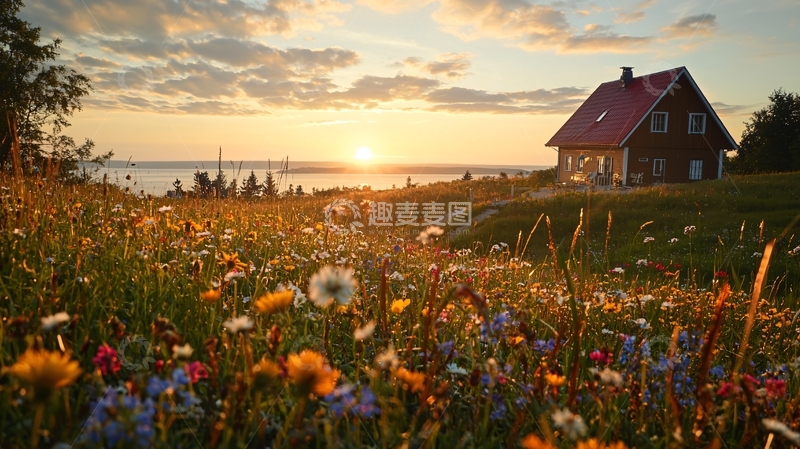 高清大图下载【趣麦麦图】傍晚小屋与花田的静谧