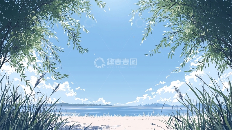 高清大图下载【趣麦麦图】清新天空海洋风景插画