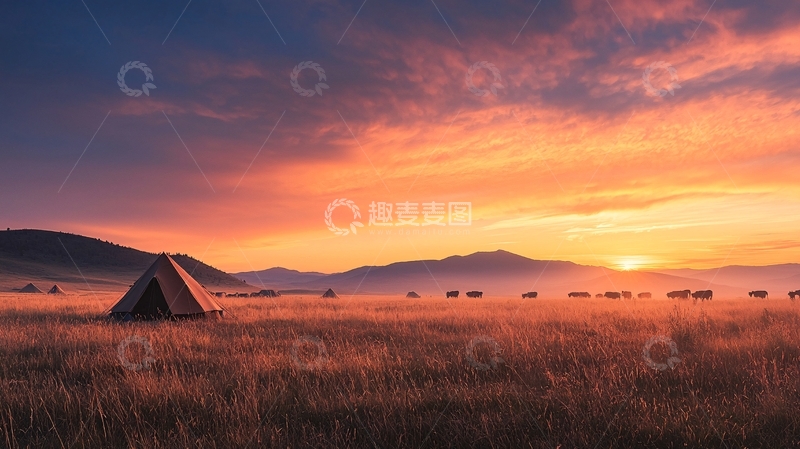 高清大图下载【趣麦麦图】帐篷在金色草原的日出