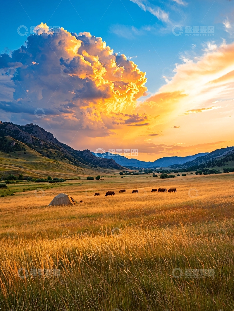 高清大图下载【趣麦麦图】金色田野夕阳山峦