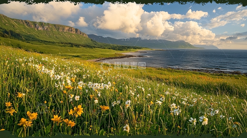 绿地鲜花海边山脉风景