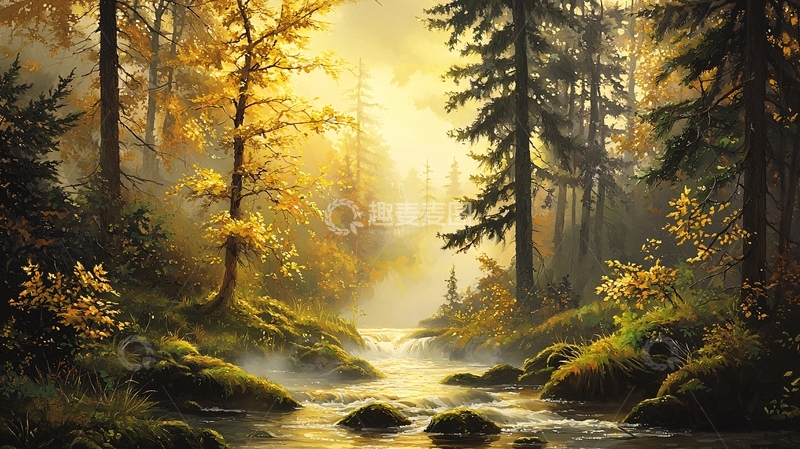 高清大图下载【趣麦麦图】秋日阳光下的森林小溪