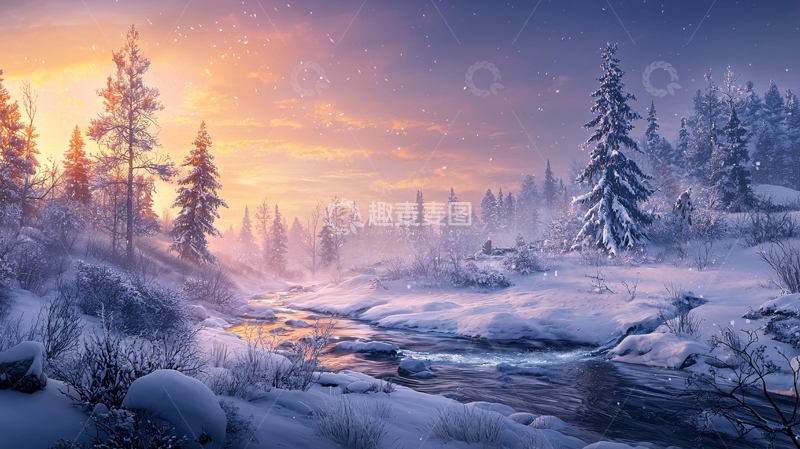 高清大图下载【趣麦麦图】雪后的森林日出