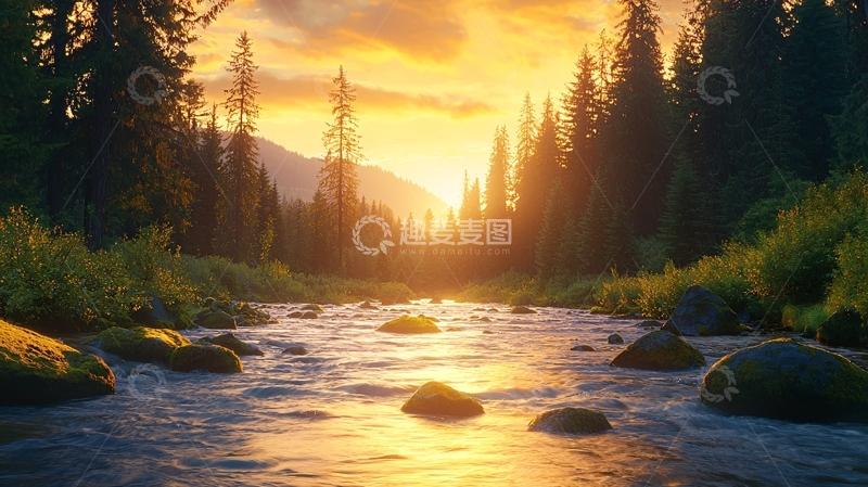 高清大图下载【趣麦麦图】金色阳光下的森林河流