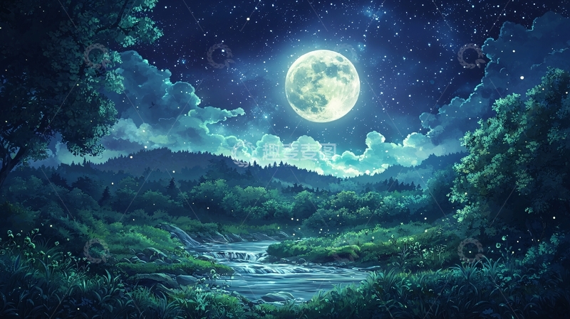 高清大图下载【趣麦麦图】月夜森林高清图片