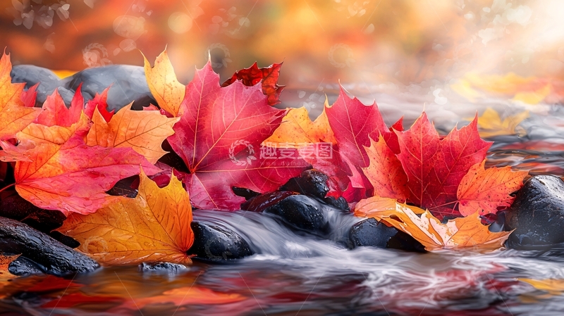 高清大图下载【趣麦麦图】秋天红叶漂浮在溪流上