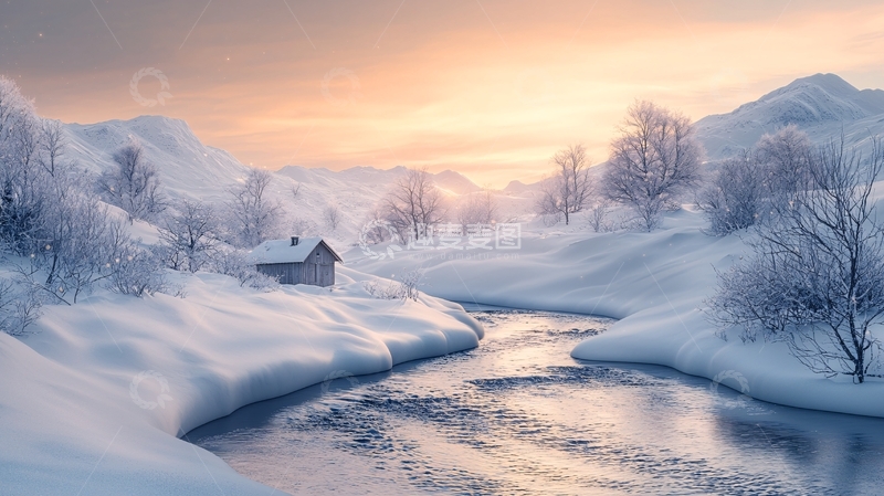 高清大图下载【趣麦麦图】冰雪覆盖的乡村小屋