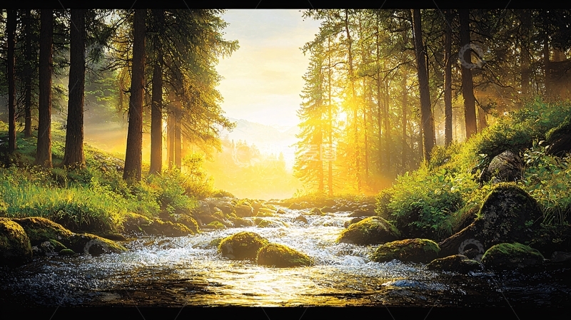 高清大图下载【趣麦麦图】阳光穿过森林溪流