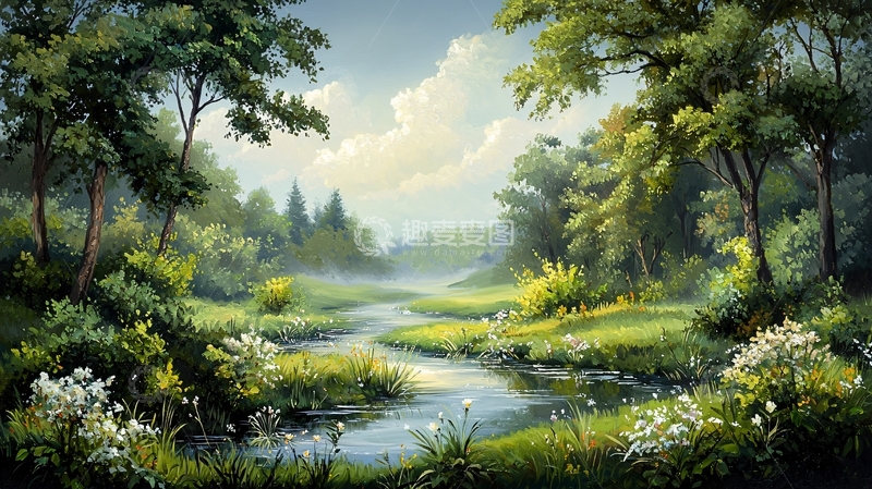 高清大图下载【趣麦麦图】清澈溪流穿过绿地森林